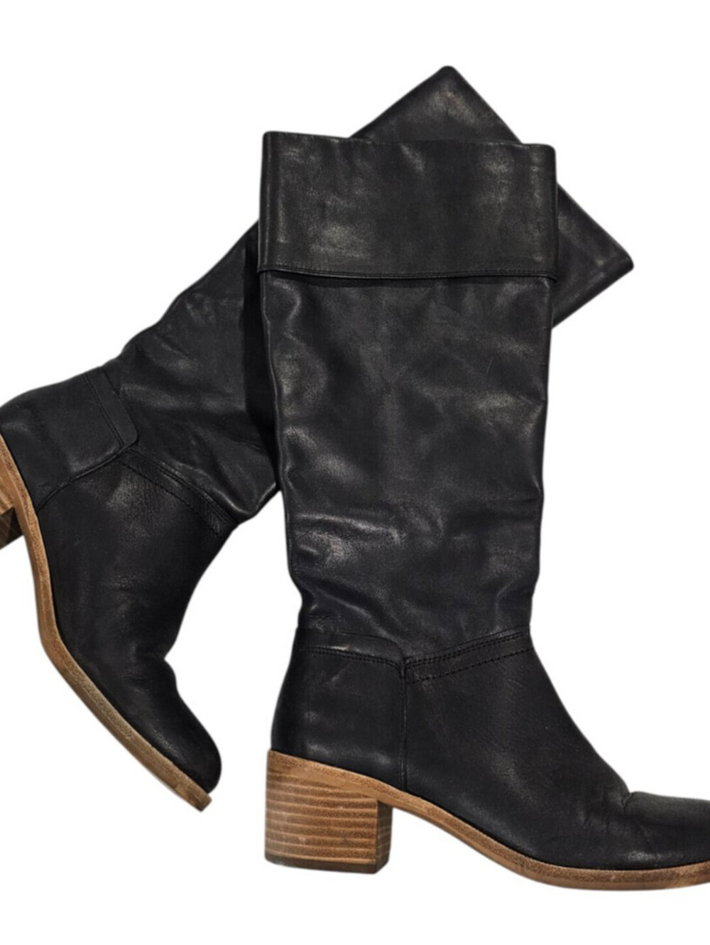 UGG Australia Carlin Sz 6 tall boots smooth black leather, a fold-over cuff